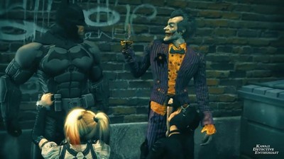 Джокер и Бэтмен взаимодействуют с Харли Квин и Женщиной-кошкой, происходящее в переулке.